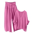 thumbnail image 1 of Guluxicc Women's Cotton Linen Outfit Sets Solid V-Neck Tops Wide Leg Pants Casual Fall Set, 1 of 6