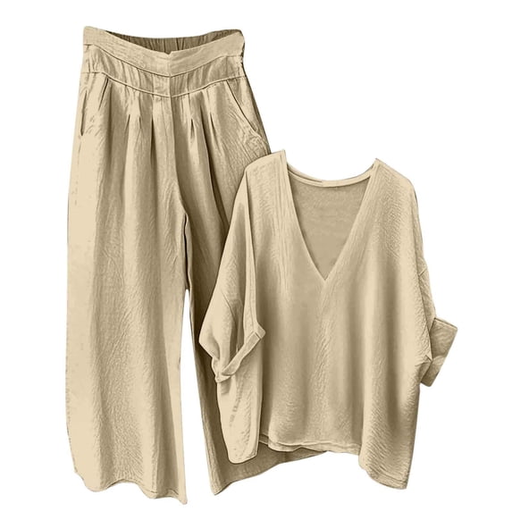Guluxicc Women's Cotton Linen Outfit Sets Solid V-Neck Tops Wide Leg Pants Casual Fall Set