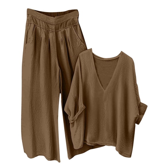 Guluxicc Women's Cotton Linen Outfit Sets Solid V-Neck Tops Wide Leg Pants Casual Fall Set