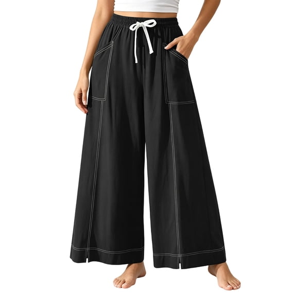 Guluxicc Women's Cotton Pants with Pockets Elastic Waist Drawstring Wide Leg Trousers for Everyday Wear Summer Casual Outfits