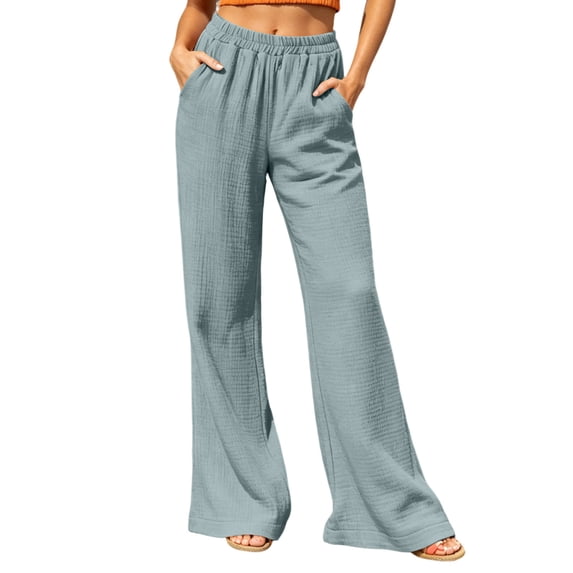 Guluxicc Women's Cotton Pants with Pockets Elastic Waist Long Wide Leg Trousers Summer Casual Outfits for Everyday Wear