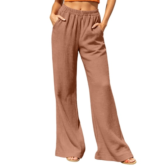 Guluxicc Women's Cotton Pants with Pockets Elastic Waist Long Wide Leg Trousers Summer Casual Outfits for Everyday Wear