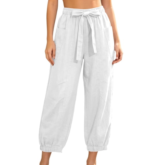 Guluxicc Women's Cotton Tapered Pants with Pockets Elastic Waist Drawstring Loose Jogger Trousers for Everyday Wear