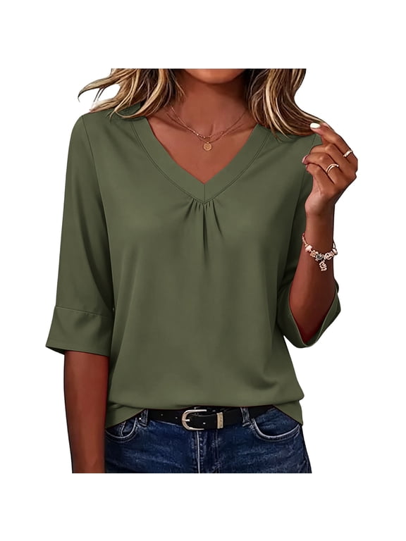 Women's Elbow Length Tops V Neck Short Sleeve Tees Dressy Casual Summer Work T Shirts Loose Fit Blouses