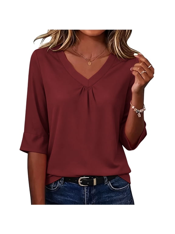 Women's Elbow Length Tops V Neck Short Sleeve Tees Dressy Casual Summer Work T Shirts Loose Fit Blouses