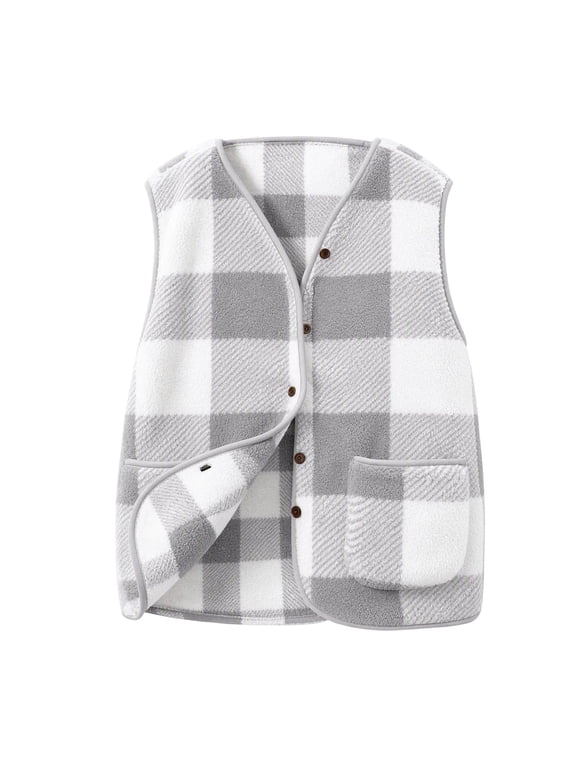 Women's Fleece Plaid Vests Button Down V Neck Sleeveless Jackets with Pockets for Everyday Fall Winter Vests