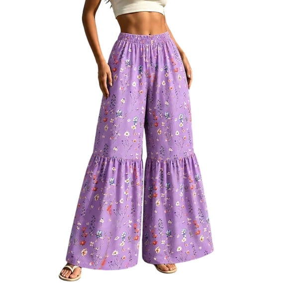 Guluxicc Women's Floral Palazzo Pants Elastic Waist Ruffle Hem Boho Wide Leg Casual Trousers for Everyday Summer Fall