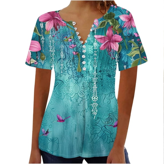 Guluxicc Women's Floral Print Henley Shirts Button Up V Neck Causal Tops Short Sleeve Tunic Dressy Blouses Ladies Outfits