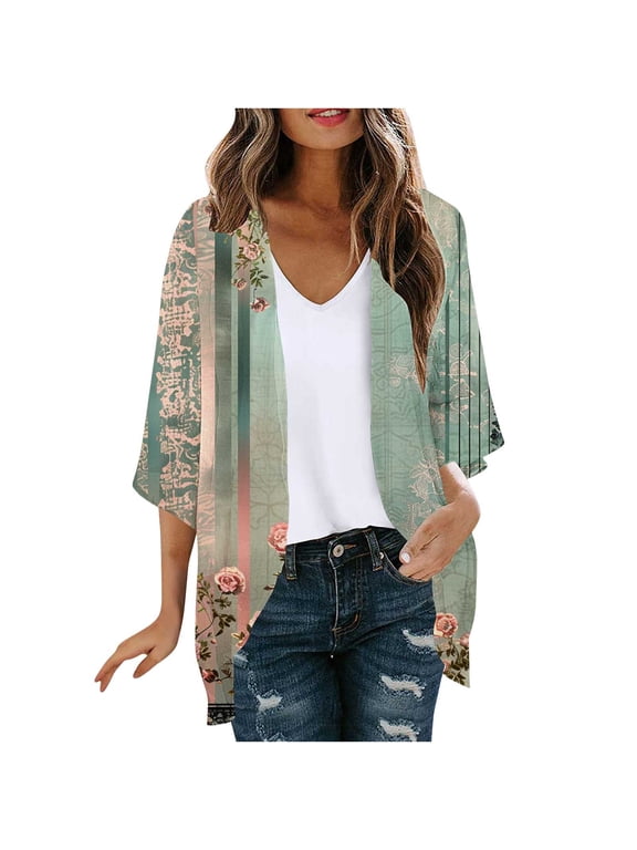 Women's Floral Print Puff Sleeve Kimono Cardigan Loose Cover Up Casual Blouse 3/4 Sleeve Tops