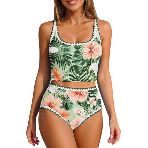 Guluxicc Women's Floral Printed Bikini Sets High Waisted Contrast Trim Round Neck Crop Top Bathing Suits Tankini Swimsuits Sets for Beach Summer Swimwear