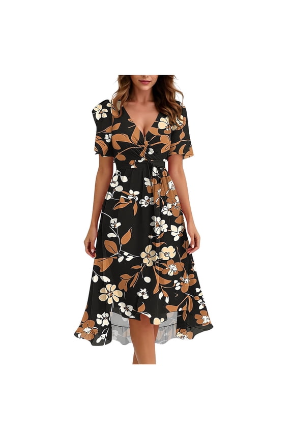 Women's Floral Surplice Neck Summer Dress Tie Front Button Front Trendy Preppy Lightweight Sundress