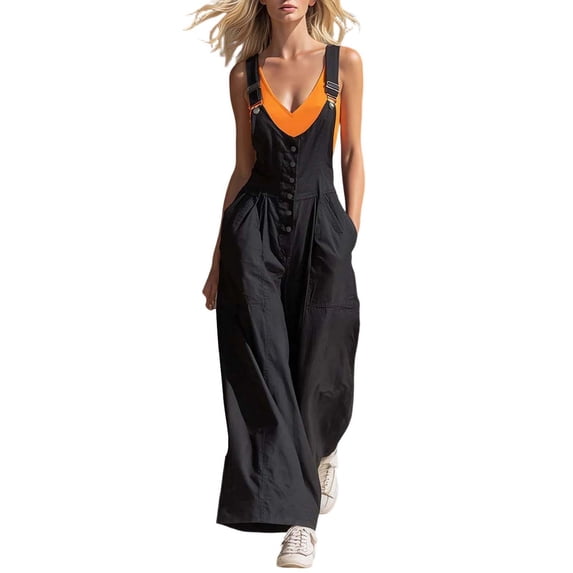 Guluxicc Women's Flowy Wide Leg Linen Jumpsuits, Adjustable Strap Summer Loose Sleeveless One Piece Rompers with Pockets