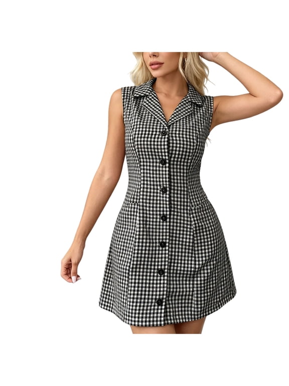 Women's Gingham Shirt Dress Sleeveless Collared Back Tie High Waist A-Line Mini Dress for Summer