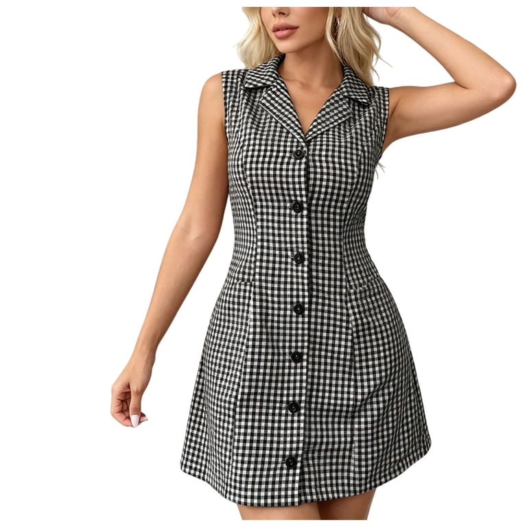 Guluxicc Women's Gingham Shirt Dress Sleeveless Collared Back Tie High Waist A-Line Mini Dress for Summer, Size: XL, Black Guluxicc Women's Gingham Shirt Dress Sleeveless Collared Back Tie High Waist A-Line Mini Dress for Summer, Size: XL, Black