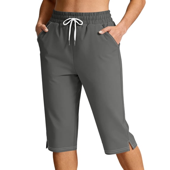 Guluxicc Women's Gym Capis with Pockets Elastic Waist Straight Leg Cropped Pants for Summer Workout Running