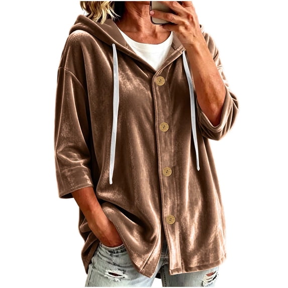 Guluxicc Women's Hooded Jackets Button Down Drawstring 3/4 Sleeve Casual Hooded Jackets for Fall Winter Lounge Weekend Outerwear