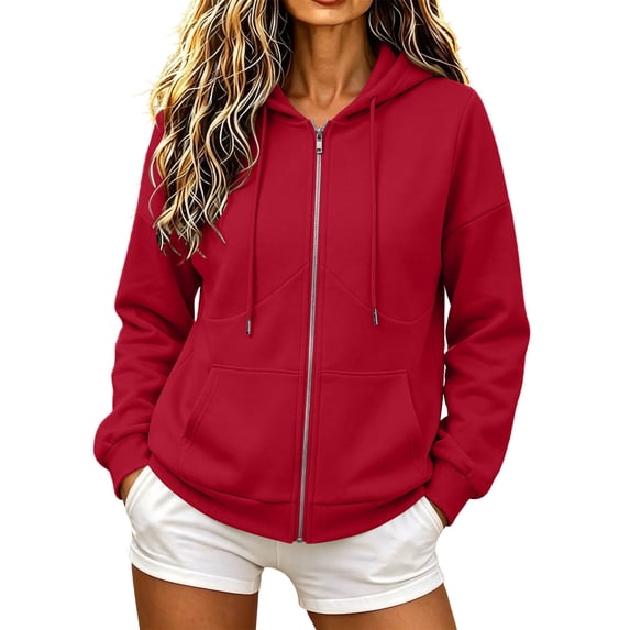 Guluxicc Women's Hooded Jackets with Pockets Drawstring Full Zip Ribbed Cuffs Long Sleeve Solid Casual Jackets Fall Winter