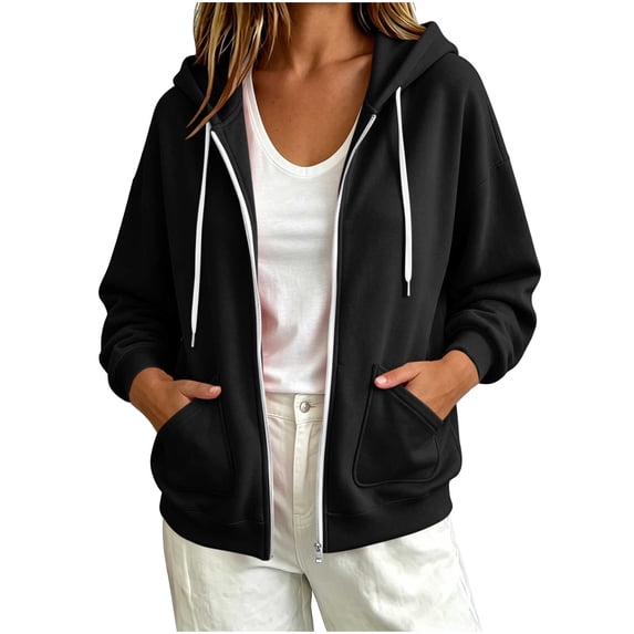 Guluxicc Women's Hoodies with Pockets Loose Drawstring Full Zipper Ribbed Long Sleeve Tops Everyday Fall Winter Wear