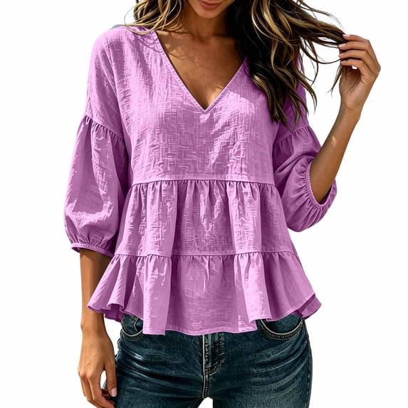 Guluxicc Women's Linen Blouses Loose Ruffled Bottom V Neck Short Bubble Sleeve Tops for Everyday Wear Spring Summer Casual Blouses