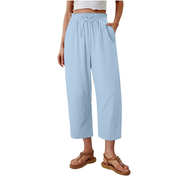 Guluxicc Women's Linen Pants with Pockets Elastic Waist Drawstring Straight Leg Trousers for Everyday Wear Summer Casual Outfits