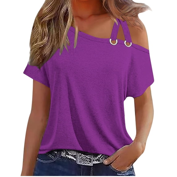 Guluxicc Women's Loose Fit Shirts Casual One Shoulder Short Sleeve Pullover Tops, Purple, M