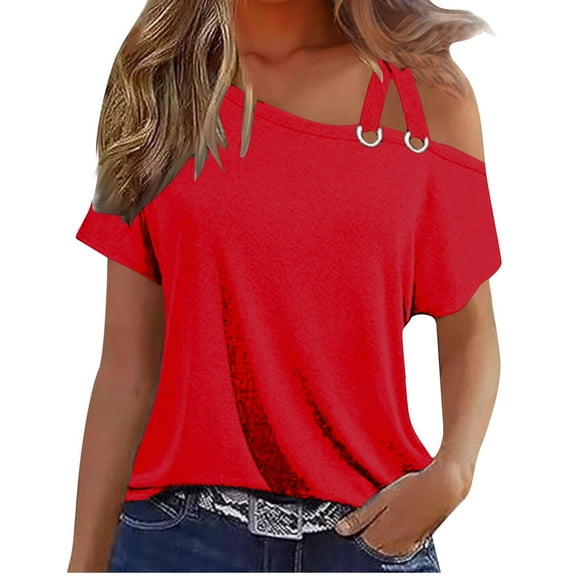 Guluxicc Women's Loose Fit Shirts Casual One Shoulder Short Sleeve Pullover Tops, Red, M