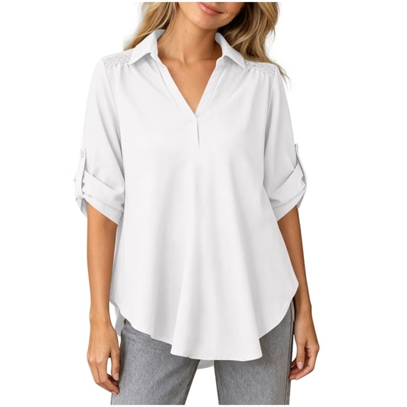Guluxicc Women's Lounge Shirts Lightweight Collared V Neck Long Sleeve Solid Tops for Summer Casual Outfits