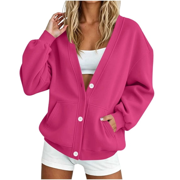 Guluxicc Women's Oversized Jackets Loose Button Down V Neck Long Sleeve Solid Casual Jackets with Pockets for Everyday Fall Winter