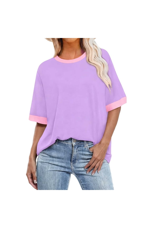 Women's Oversized T Shirts Color Block Crew Neck Short Sleeve Casual Loose Fit Summer Daily Basic T-Shirts Tunic Tops
