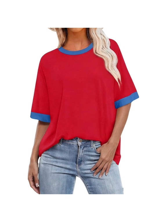 Women's Oversized T Shirts Color Block Crew Neck Short Sleeve Casual Loose Fit Summer Daily Basic T-Shirts Tunic Tops