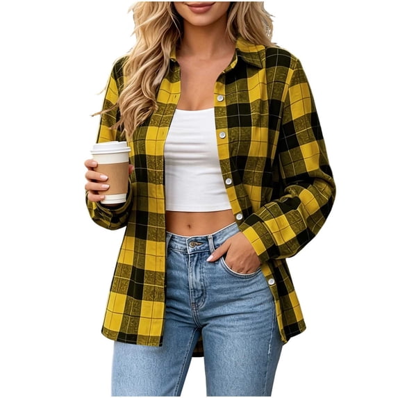 Guluxicc Women's Plaid Blouses Button Down Collared Loose Long Sleeve Tops for Everyday Wear Fall Winter Casual Blouses