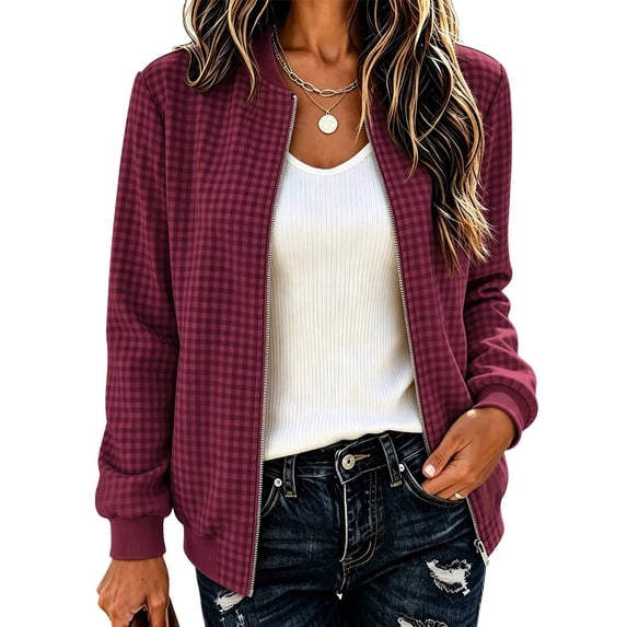 Guluxicc Women's Plaid Bomber Jackets Full Zipper Ribbed Cuffs Hem Long Sleeve Casual Jackets for Everyday Fall Winter