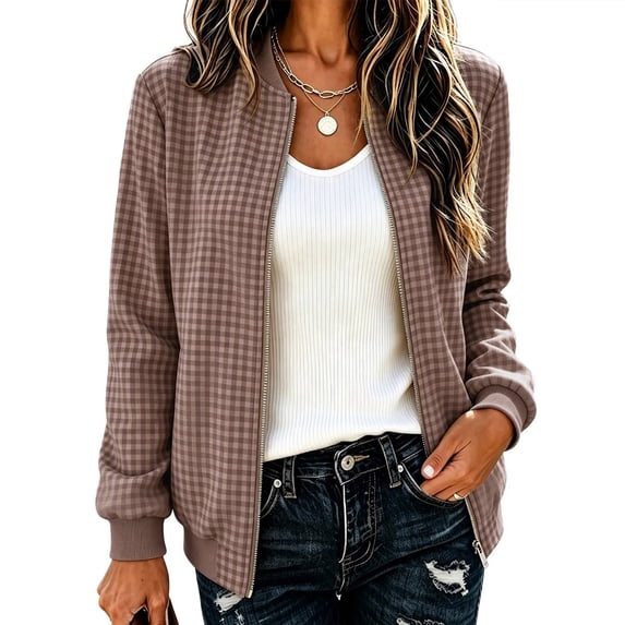 Guluxicc Women's Plaid Bomber Jackets Full Zipper Ribbed Cuffs Hem Long Sleeve Casual Jackets for Everyday Fall Winter