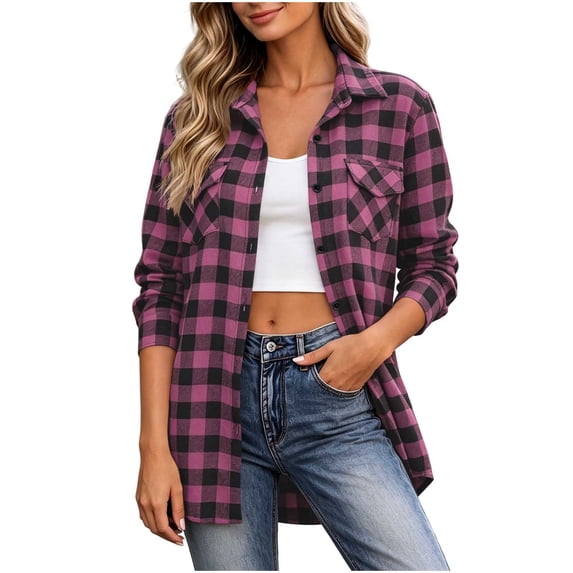 Guluxicc Women's Plaid Shirts with Pocket Loose Button Down Collared Long Sleeve Casual Shirts for Everyday Fall Winter