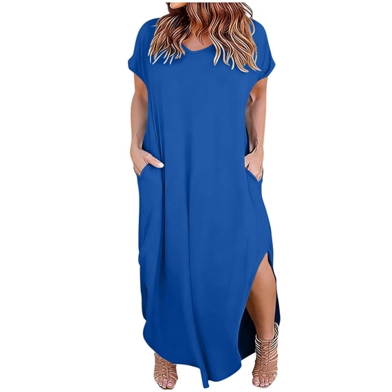 Guluxicc Women's Plus Size Dresses Summer Casual Loose Pocket Short Sleeve Slits Long Maxi Dress Trendy Wear
