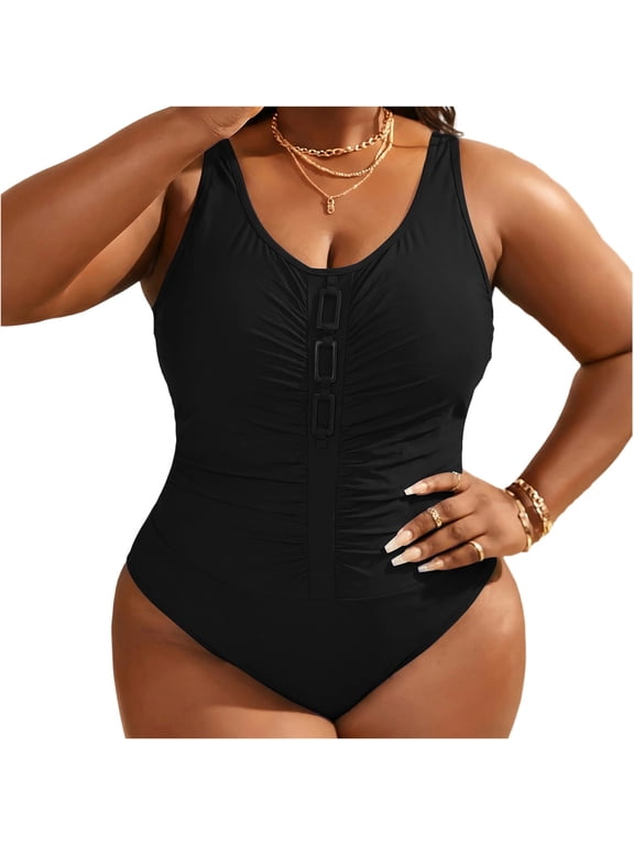 Women's Plus Size V Neck One Piece Swimsuit Wide Strap Ruched Solid Color Push-Up Padded Bathing Suit Summer Beach Swimwear