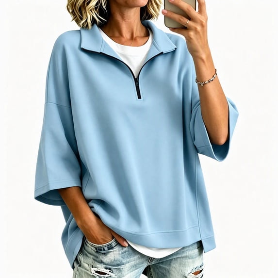 Guluxicc Women's Quarter Zip Sweatshirts Stand Collar 3/4 Sleeve Casual Loose Pullover Sweatshirts for Everyday Spring Fall Tops