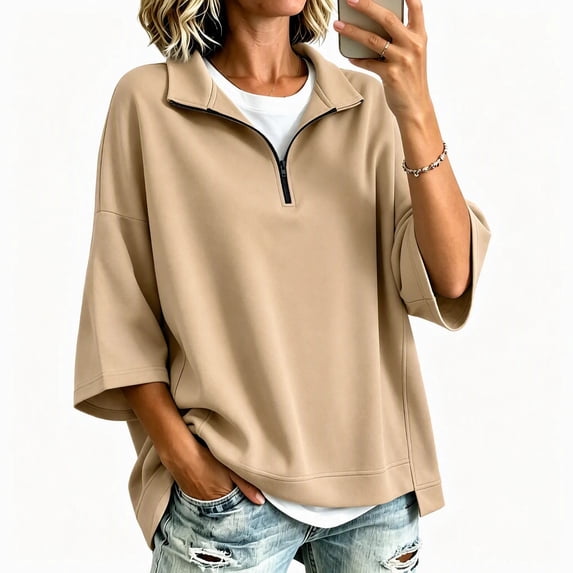 Guluxicc Women's Quarter Zip Sweatshirts Stand Collar 3/4 Sleeve Casual Loose Pullover Sweatshirts for Everyday Spring Fall Tops