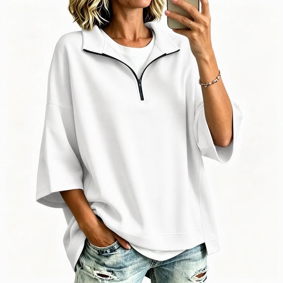 Guluxicc Women's Quarter Zip Sweatshirts Stand Collar 3/4 Sleeve Casual Loose Pullover Sweatshirts for Everyday Spring Fall Tops