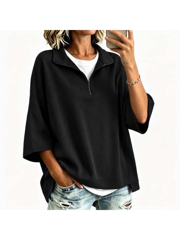 Women's Quarter Zip Sweatshirts Stand Collar 3/4 Sleeve Casual Loose Pullover Sweatshirts for Everyday Spring Fall Tops