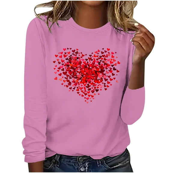Guluxicc Women's Shirts Casual Crewneck Long Sleeve Valentine's Day Tops Trendy Fashion Graphic Pullover Shirts, Pink, L