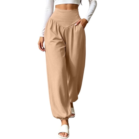Guluxicc Women's Yoga Pants with Pockets Tummy Control Elastic Waist Puff Leg Athletic Trousers for Everyday Fall Winter