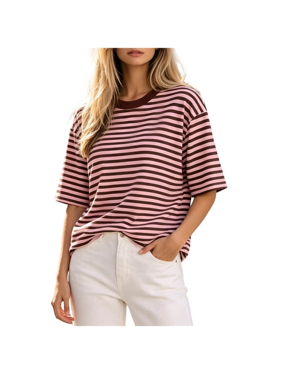 Women's Striped Beach Shirts Crew Neck 1/2 Sleeve Basic Tops for Summer Casual Outfits
