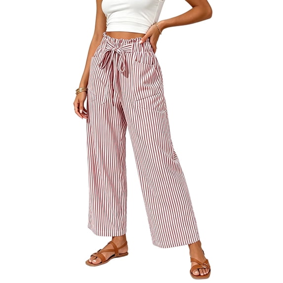 Guluxicc Women's Striped Pants with Pockets Pull On Loose Drawstring Elastic Wide Leg Trousers for Beach Vacation Summer Fall