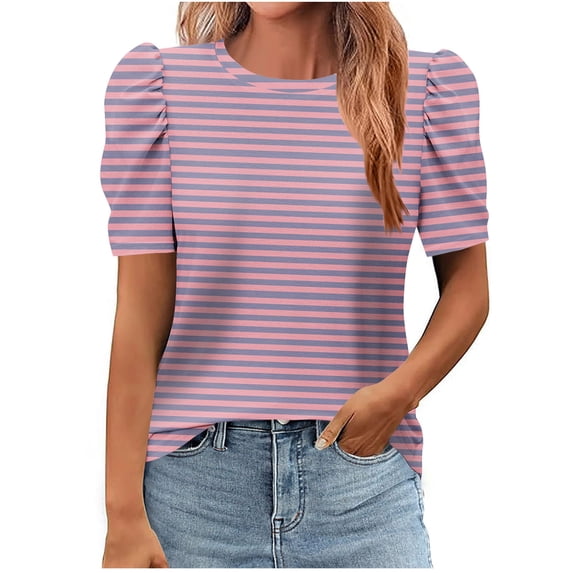 Guluxicc Women's Striped Puff Sleeve T Shirts Crew Neck Casual Short Sleeve Basic Summer Daily Tops