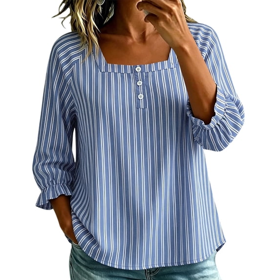 Guluxicc Women's Striped Shirts Scoop Neck Button Short Sleeve Basic Tops for Summer Casual Outfits