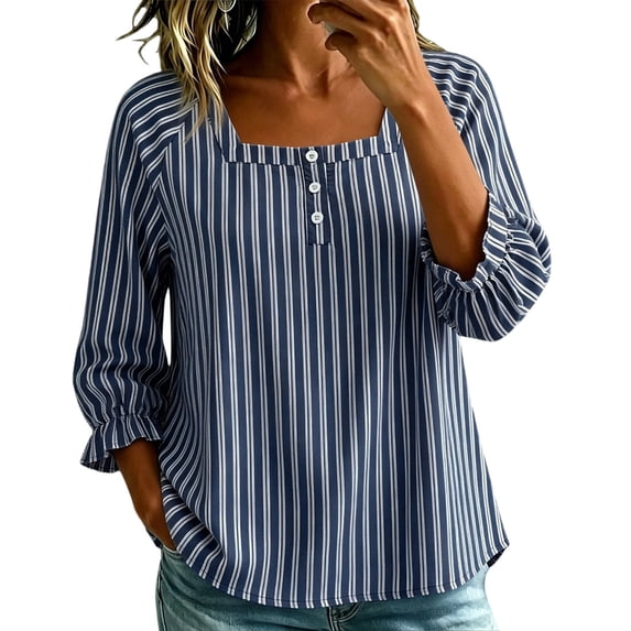 Guluxicc Women's Striped Shirts Scoop Neck Button Short Sleeve Basic Tops for Summer Casual Outfits