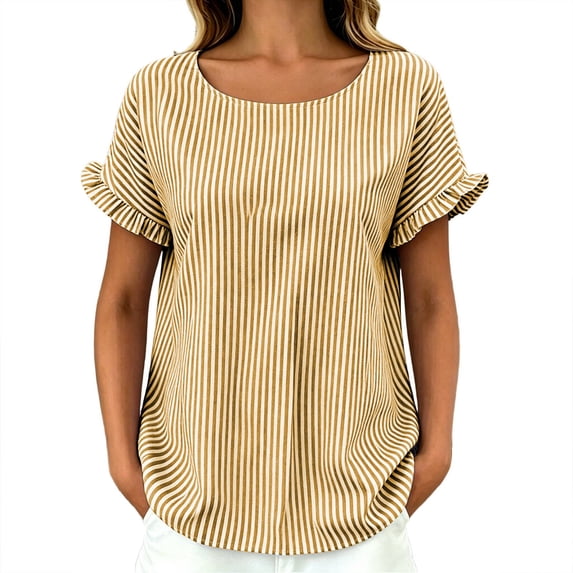 Guluxicc Women's Striped Shirts Scoop Neck Ruffled Sleeve Pullover Beach Tops for Summer Casual Outfits