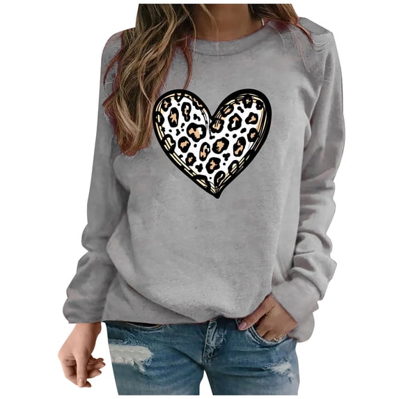 Guluxicc Women's Tops Casual Crewneck Long Sleeve Tunic Shirts Valentine's Day Fashion Cute Graphic Print Pullovers Tops, Gray, XL