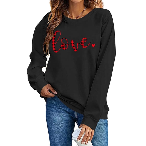 Guluxicc Women's Tops Casual Crewneck Long Sleeve Tunic Shirts Valentine's Day Fashion Cute Letter Print Pullovers Sweatshirts, Black, L
